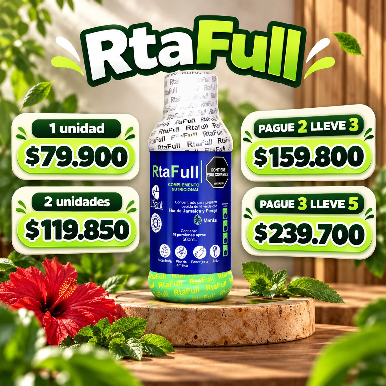 Precios RtaFull: una unidad 79900, dos 119850, tres 159800 y cinco 239700 pesos colombianos